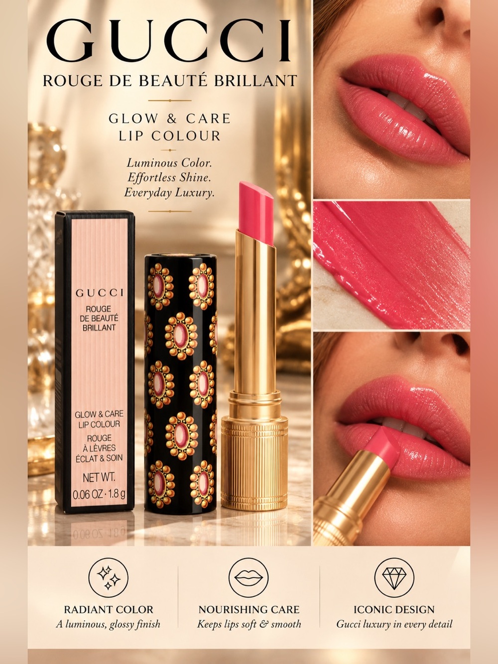 Gucci Glow & Care Lip Colour — Rosy Pink Shine